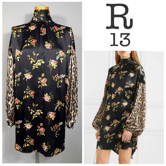 R13 Silk Neck Tie Dress floral leopard - Picture 1 of 14